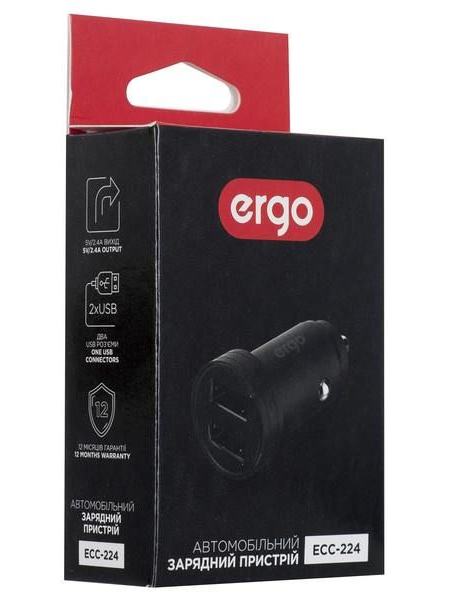 Автозарядка ERGO ECC-224 Mini 2.4A 2xUSB Car Charger Black