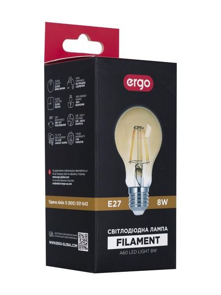 LED bulb ERGO Filament A60 Е27 8W 220V 3000K Теплый белый