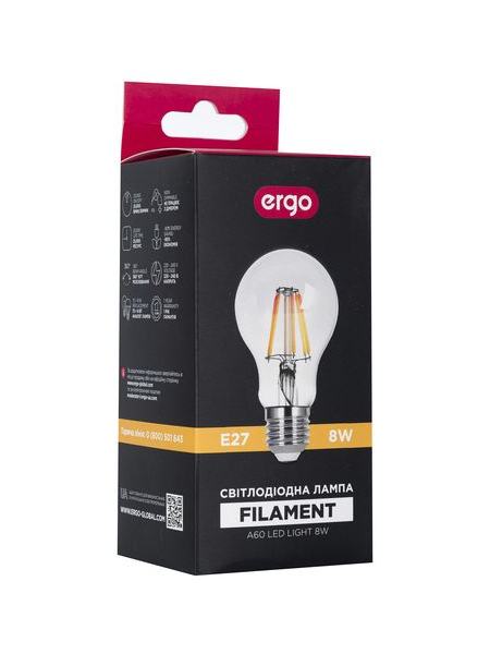 LED лампа ERGO Filament A60 Е27 8W 220V 3000K Теплый белый