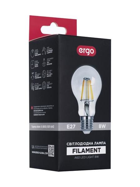 LED лампа ERGO Filament A60 Е27 8W 220V 4100K Нейтральный белый