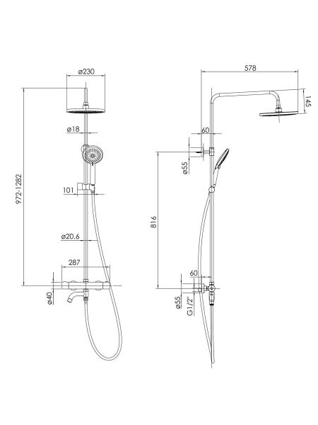 CENTRUM W система душевая (смеситель-термостат для ванны, верхний и ручной душ 3 режима, шланг)