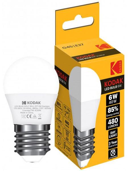 LED лампа Kodak G45 E27 6W 220V Денн.Бил. 6000K Мат. н / Дым.