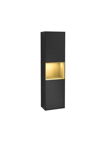FINION шкаф-пенал 41,8*151,6*27см подвесной, петли слева, с функцией Emotion, LED-подсветка, цвет - матовый черный, вставка - матовое золото