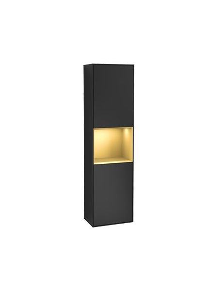 FINION шкаф-пенал 41,8*151,6*27см подвесной, петли справа, с функцией Emotion, LED-подсветка, цвет - матовый черный, вставка - матовое золото